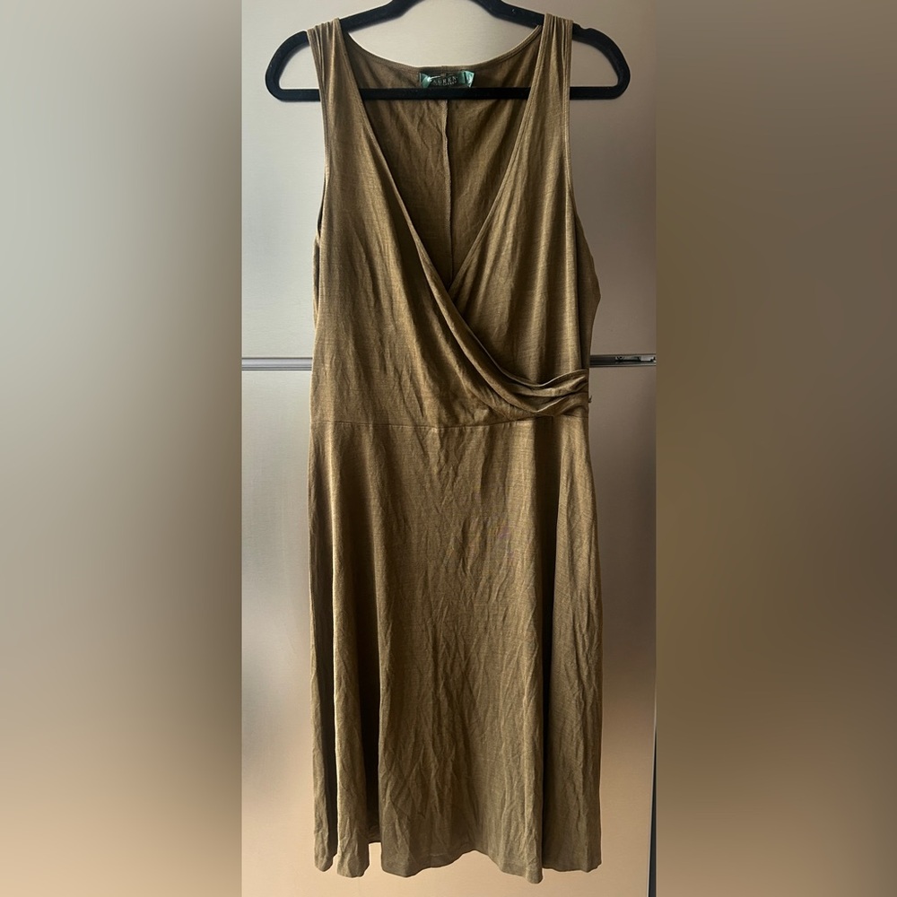 Lauren Ralph Lauren Silk Wrap Dress Olive Green Midi Size Large